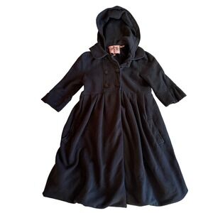 Vintage Juicy Couture Black Hooded Pea Coat Jacket Pleated Empire Waist Small